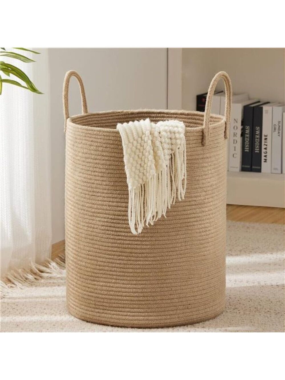 Large Jute Rope Laundry Basket 58L Tall Woven Hamper Storage for Bedroom